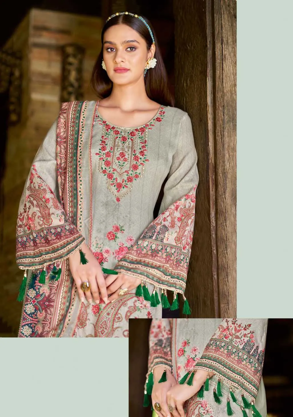 Alok Unstitched Grey Pakistani Print Salwar Suit Material