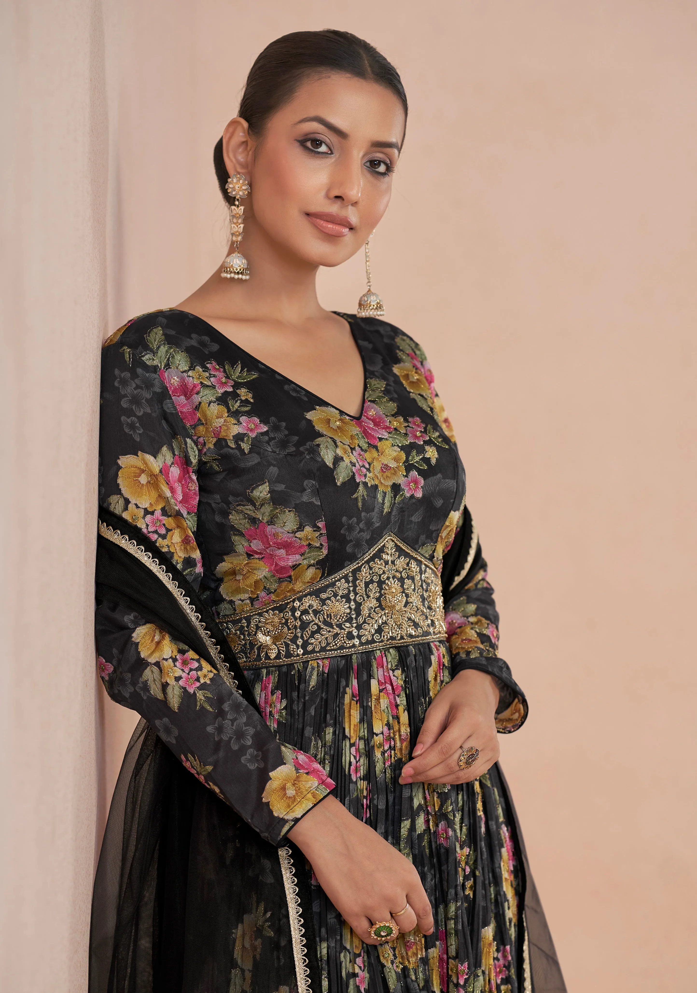Black Floral Handwork Anarkali Suit with Net Dupatta