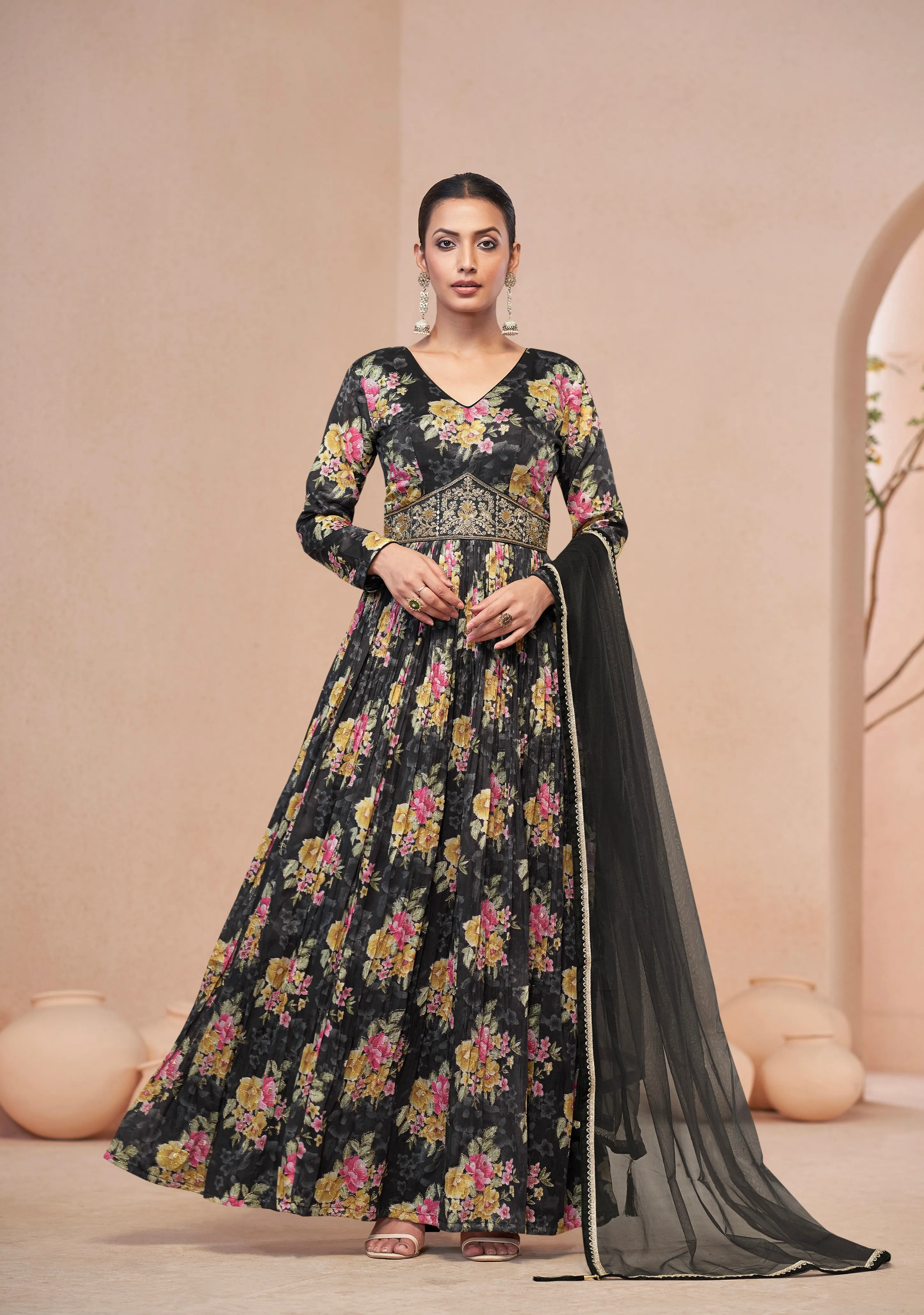 Black Floral Handwork Anarkali Suit with Net Dupatta