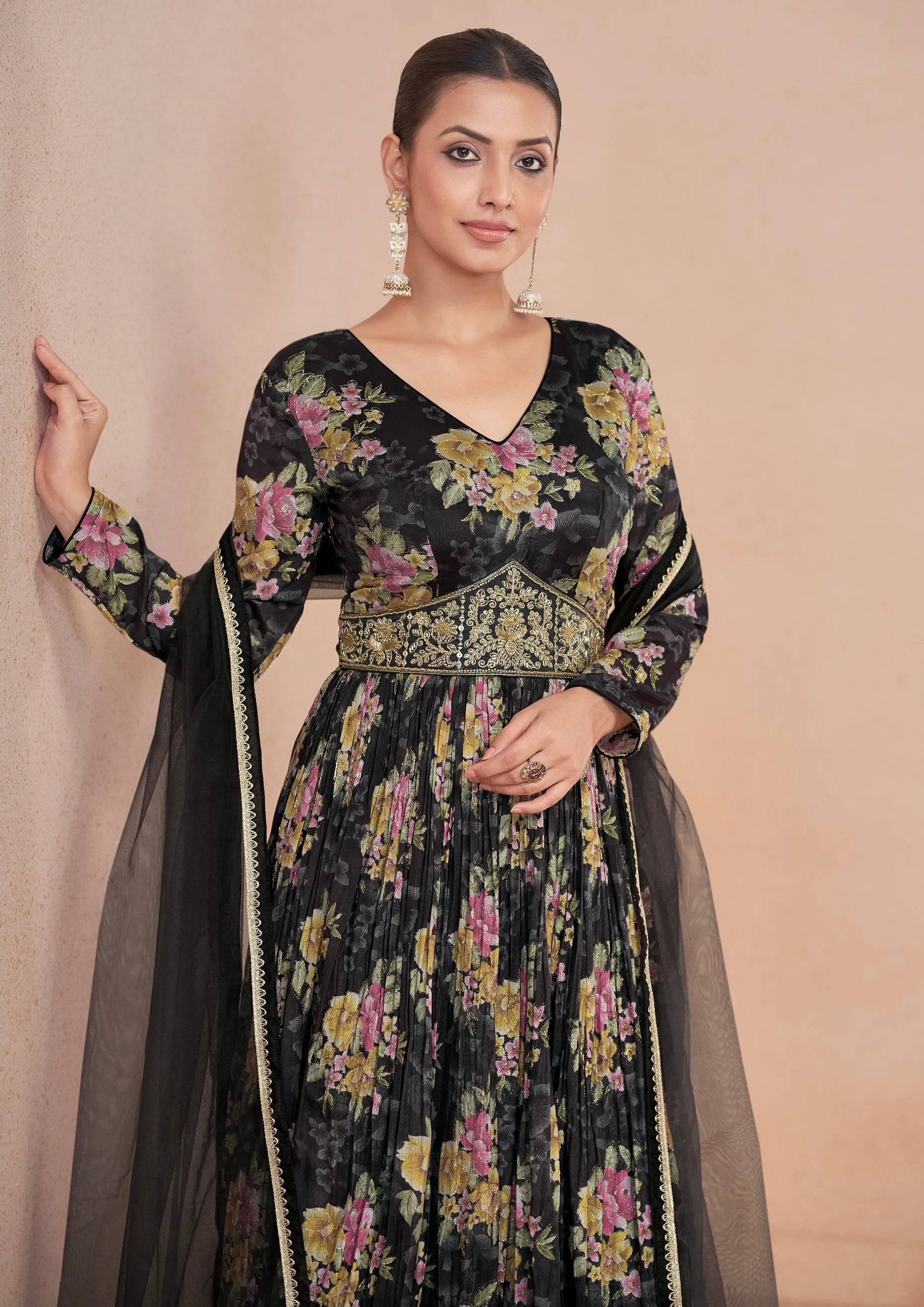 Black Floral Handwork Anarkali Suit with Net Dupatta