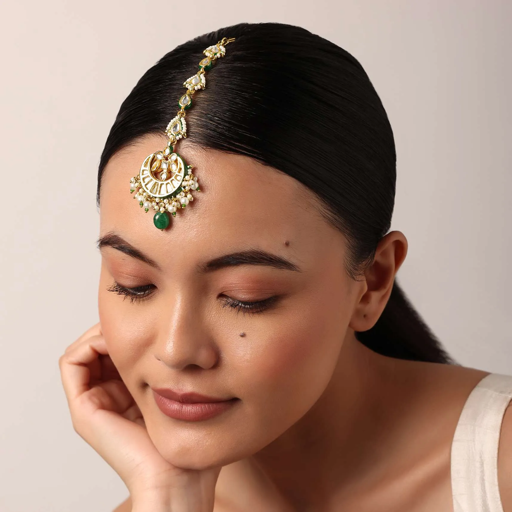 Gold Finish Crescent Mangtikka With Pearl And Green Drops
