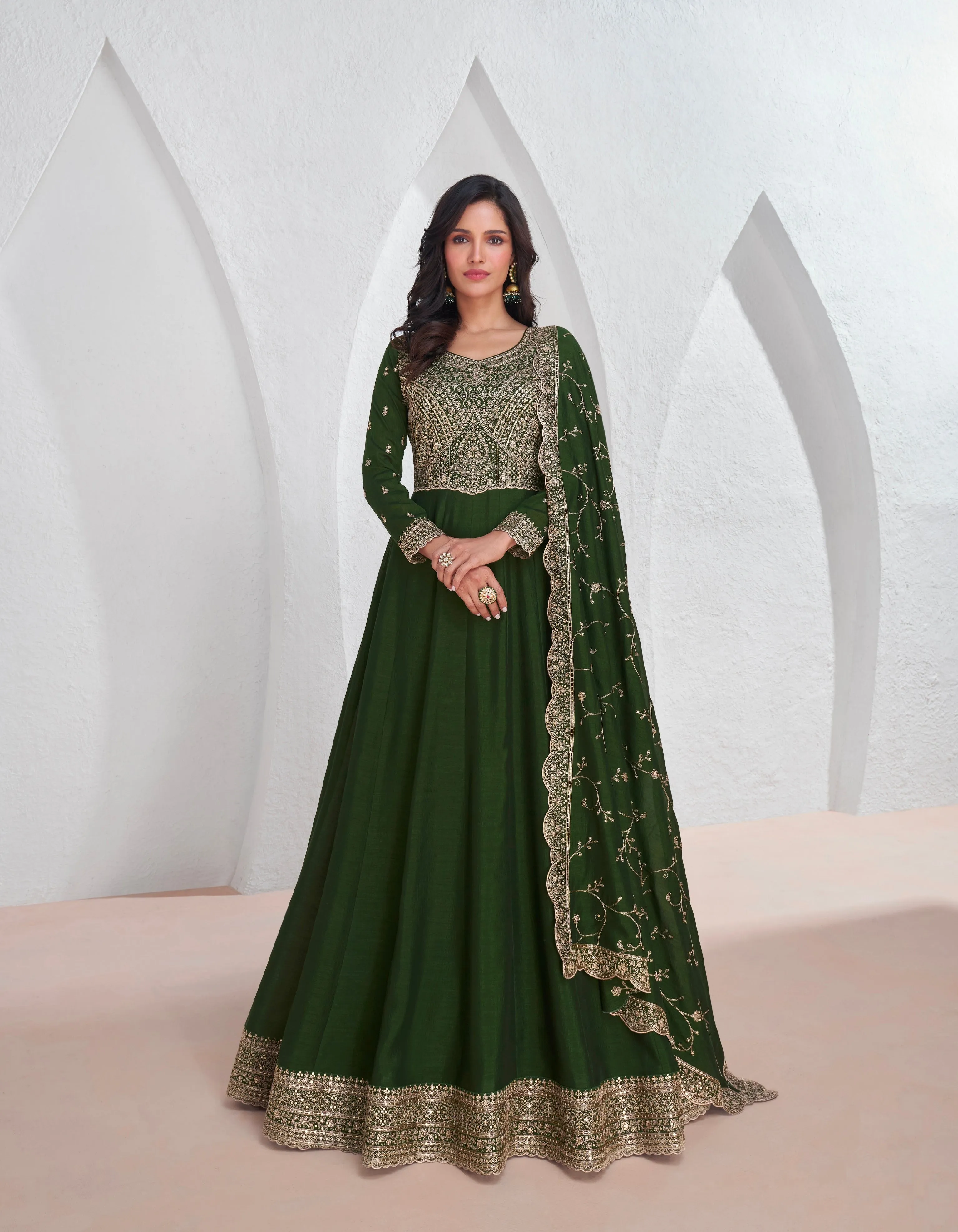 Green Silk Anarkali Suit with Embroidered Dupatta