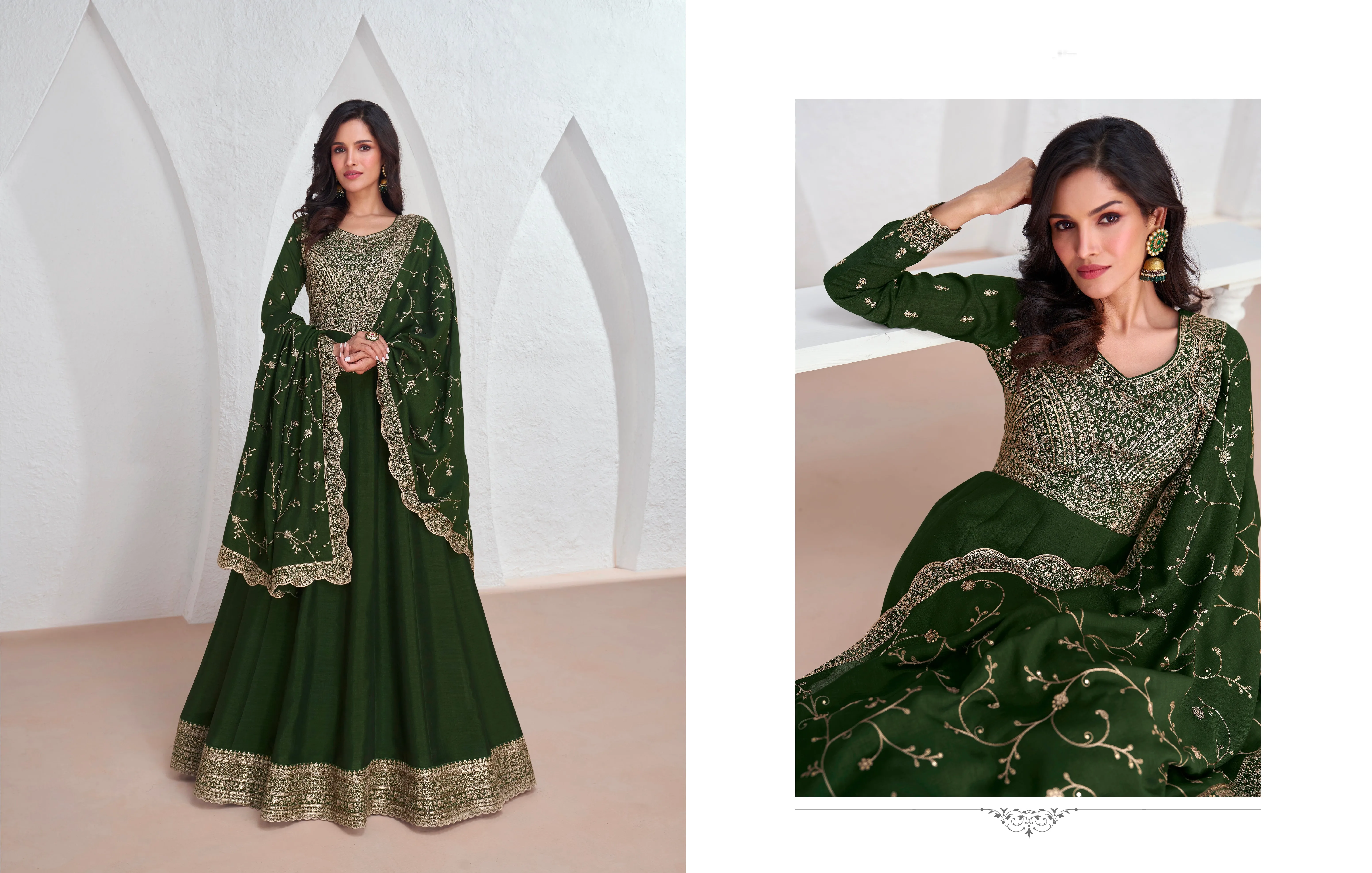 Green Silk Anarkali Suit with Embroidered Dupatta