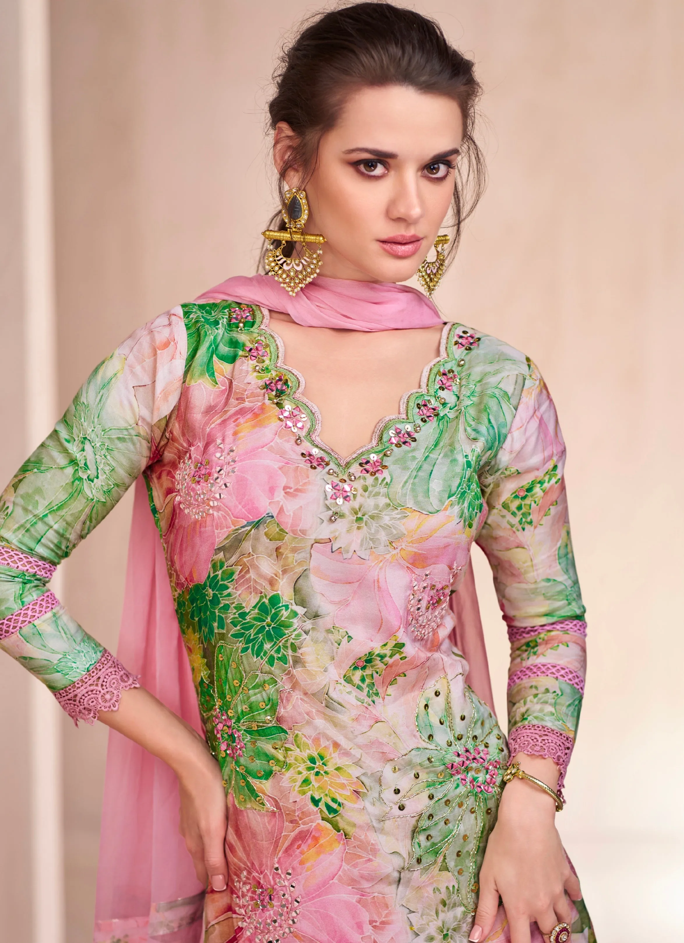 Pink Floral Anarkali Suit with Nazmeen Dupatta