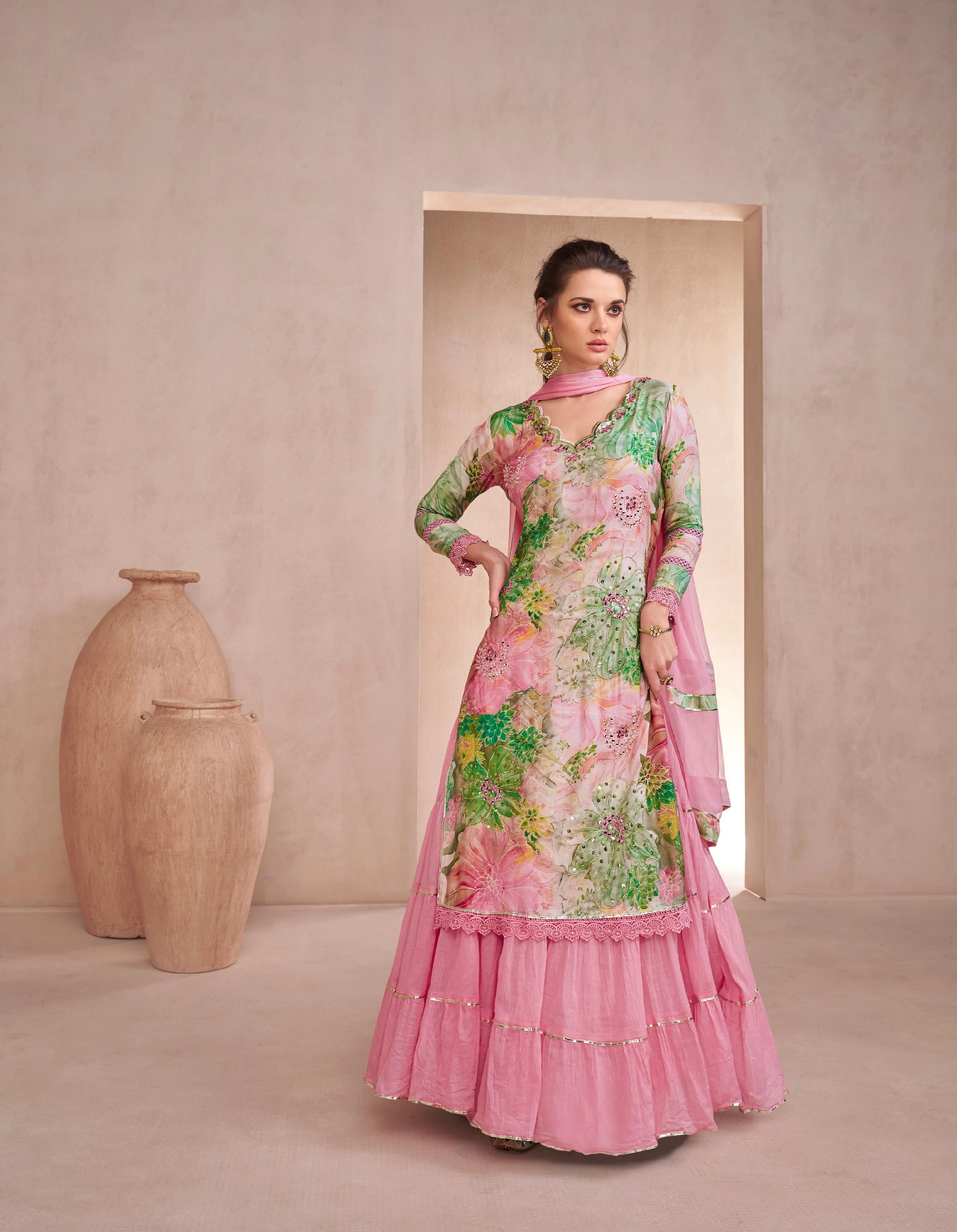 Pink Floral Anarkali Suit with Nazmeen Dupatta