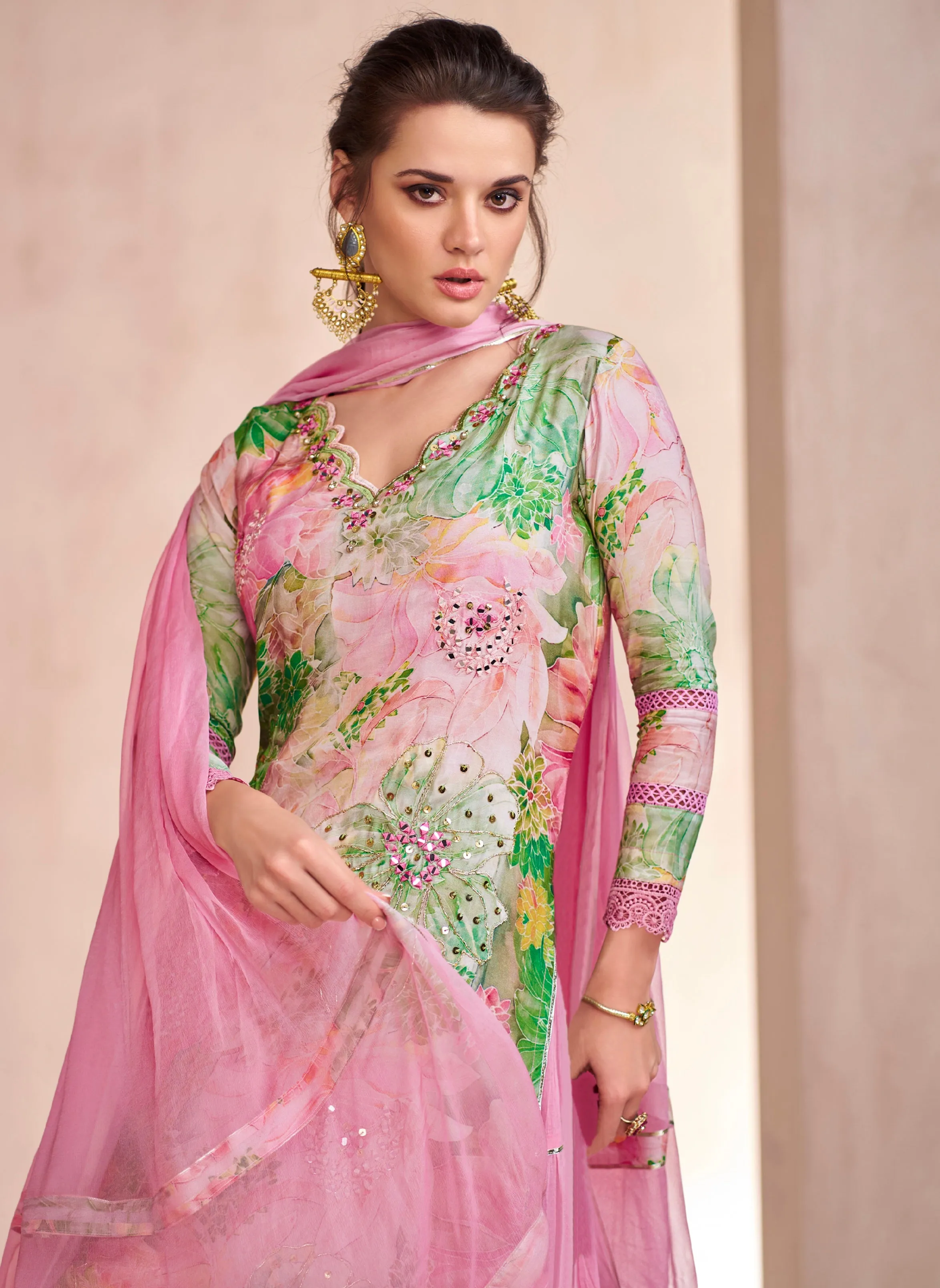 Pink Floral Anarkali Suit with Nazmeen Dupatta