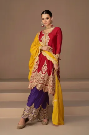 Red and Yellow Premium Chinon Silk Anarkali Suit with Dupatta