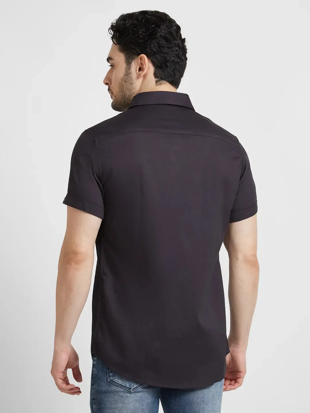 Spykar Men Charcoal Grey Dyed Regular Slim Fit Half Sleeve Plain Shirt