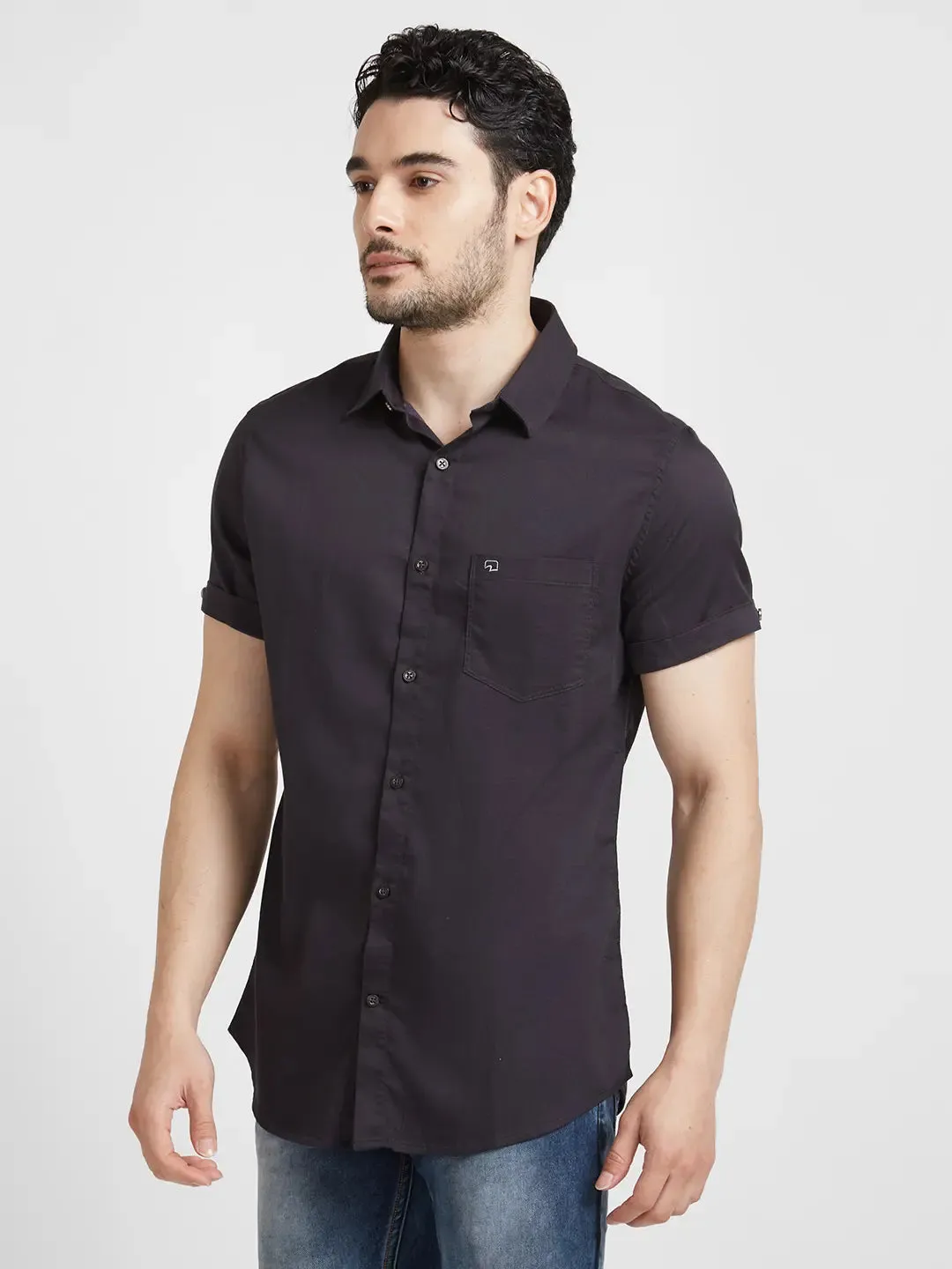 Spykar Men Charcoal Grey Dyed Regular Slim Fit Half Sleeve Plain Shirt