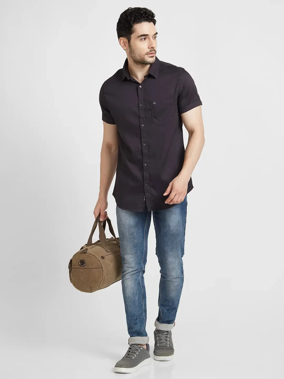 Spykar Men Charcoal Grey Dyed Regular Slim Fit Half Sleeve Plain Shirt