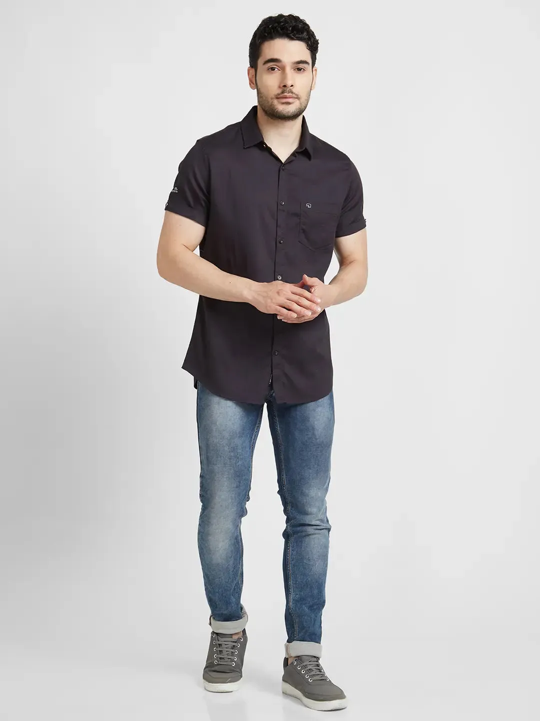 Spykar Men Charcoal Grey Dyed Regular Slim Fit Half Sleeve Plain Shirt