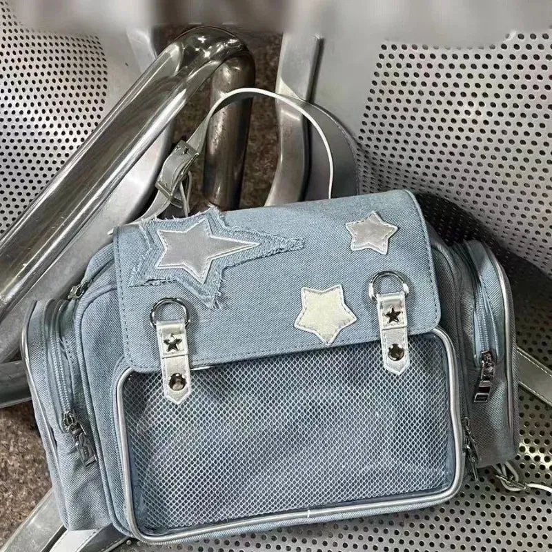 UAKISS  -  Y2K Mochilas Para Mujer Fashion Silver Star Patchwork Crossbody Shoulder Bags Female Harajuku Large Capacity Girls Backpack