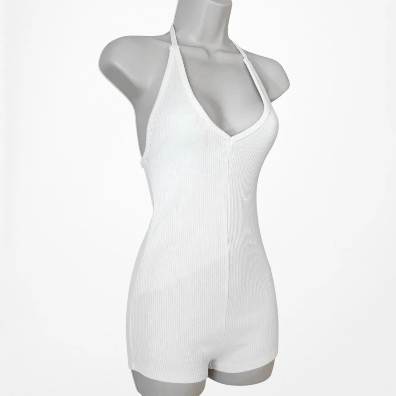 Zara White One Piece Ribbed Knit Halter Neck Casual Sportswear Romper Size S