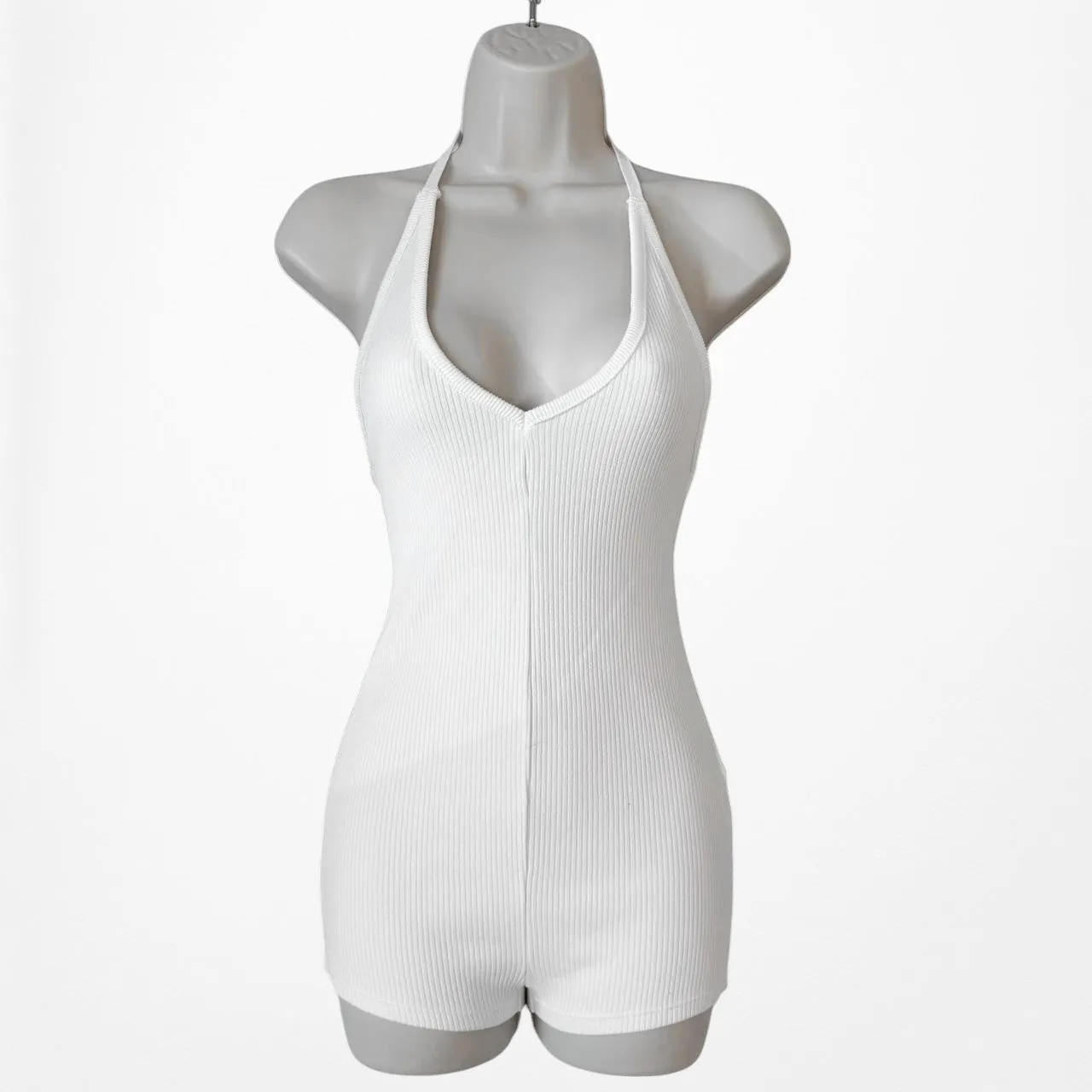Zara White One Piece Ribbed Knit Halter Neck Casual Sportswear Romper Size S