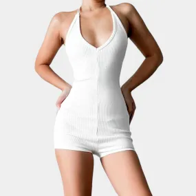 Zara White One Piece Ribbed Knit Halter Neck Casual Sportswear Romper Size S